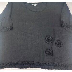 Cheyenne Women's Black Shirt Top Pullover 3/4 Sleeve 3D Fabric Accents100% Linen